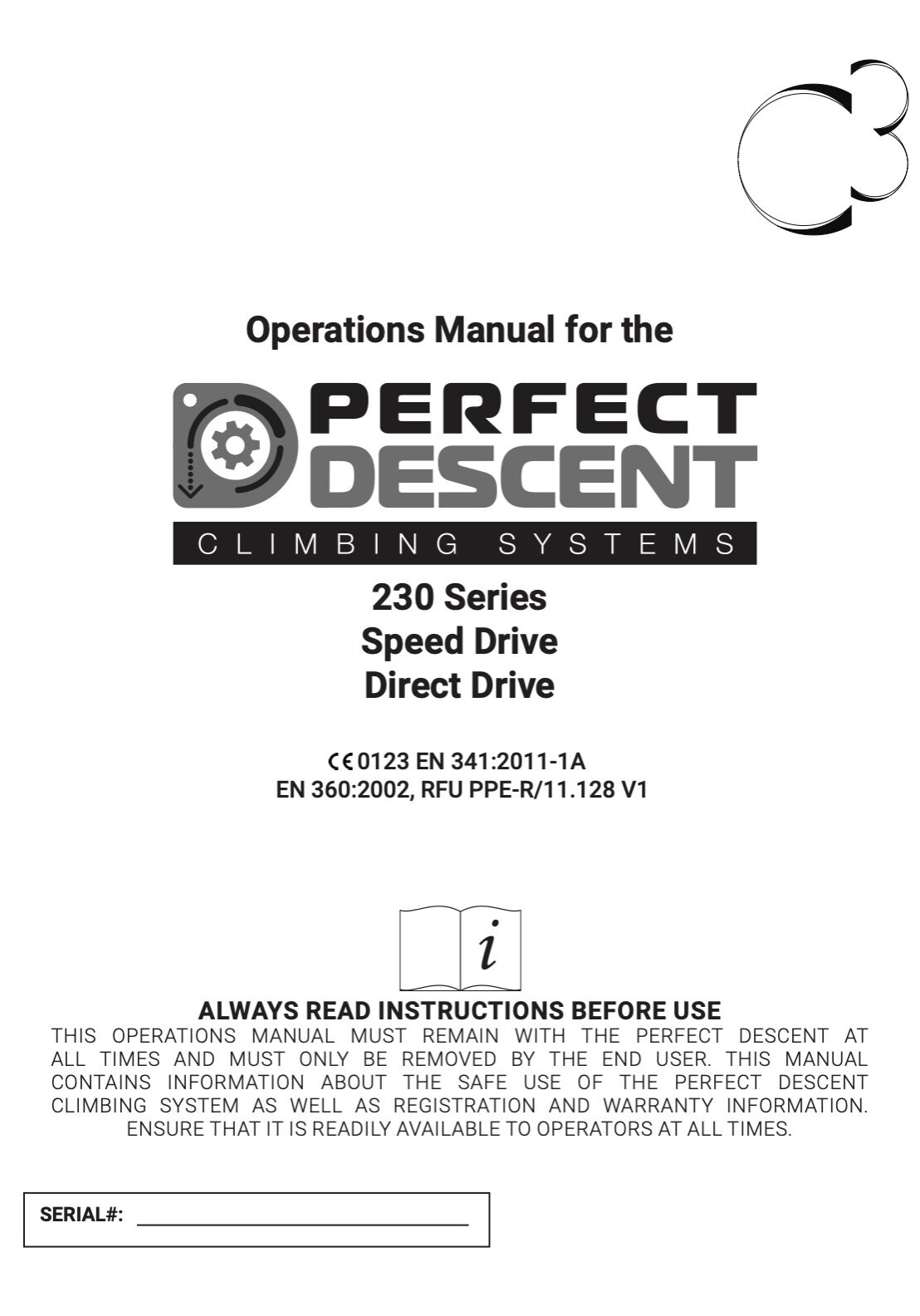 Cover page of the Perfect DEscent 230 Series Auto Belay Operations Manual